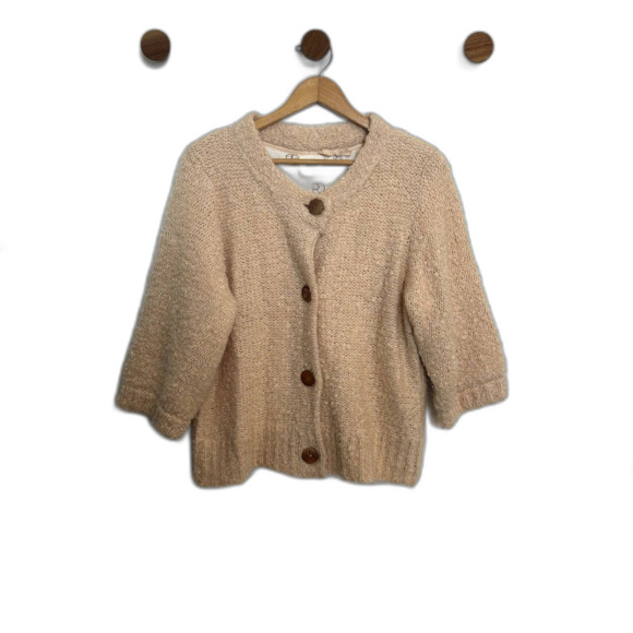 Anthro HWR Cardigan Mohair Sweater Large Dusty Pink 3/4 Sleeve Button-front - Picture 1 of 15